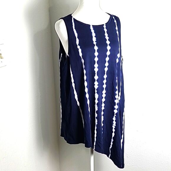 Chaps Aysemetrical Tie-dyed Top, Navy Blue with White Vertical Lines, Size XL - Picture 1 of 8